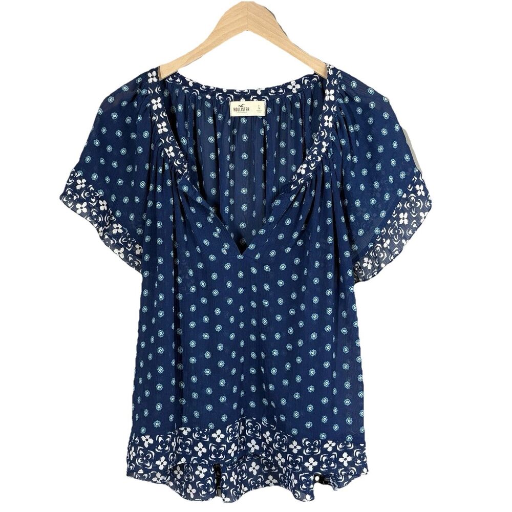 Hollister Navy Blue Printed Short Sleeve Blouse
